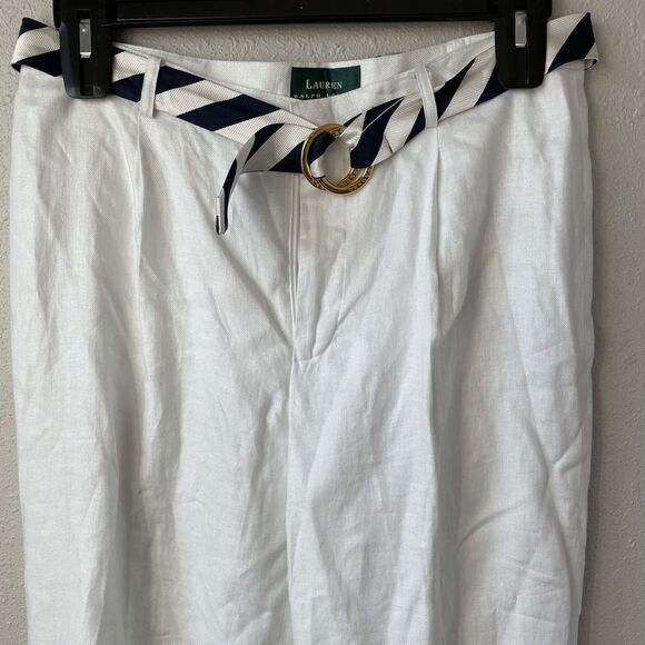 NWT Lauren Ralph Lauren White Linen Belted Pants - Picture 2 of 9